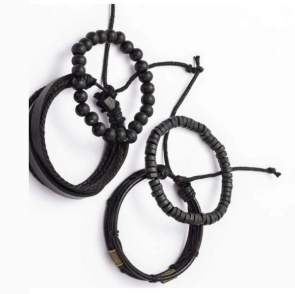 MENS Boho Beaded Leather Black Bracelet Set NEW 2 pieces in package. - Picture 5 of 7